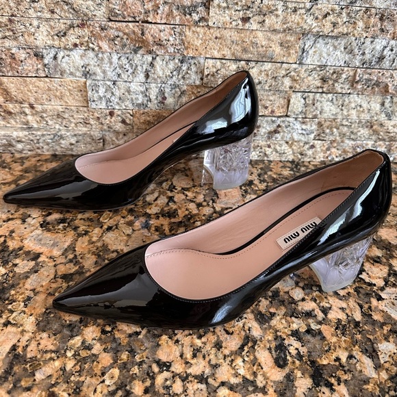 MIU MIU PRADA BLACK PATENT LEATHER CRYSTALS HEEL PUMPS - Picture 3 of 8